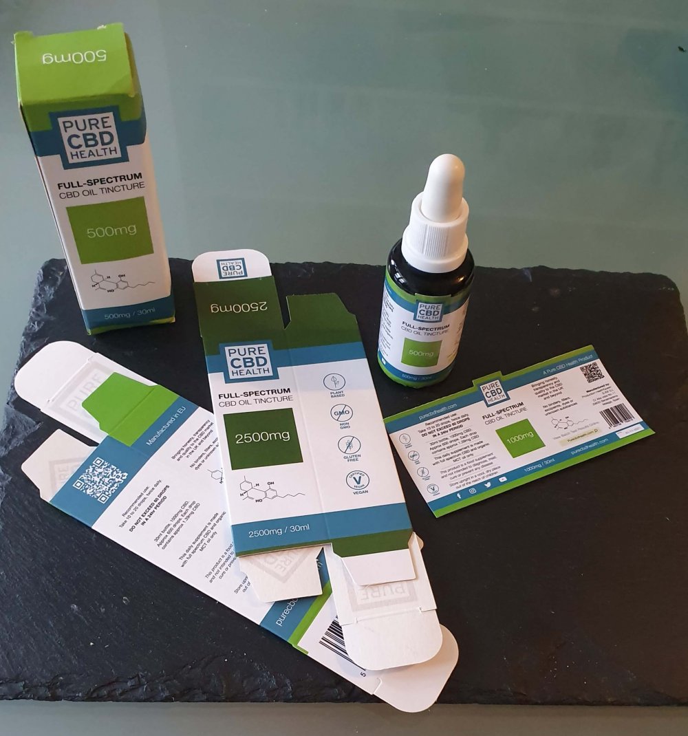 Pure CBD Health labels and boxes designed and printed by Caspia
