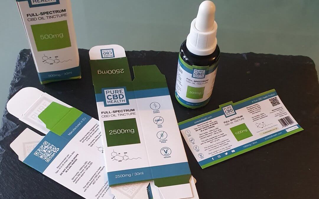 Pure CBD Health labels and boxes designed and printed by Caspia